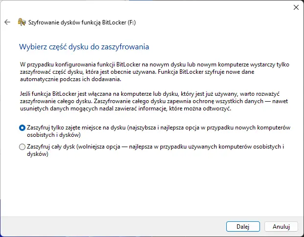Wybór części dysku do zaszyfrowania